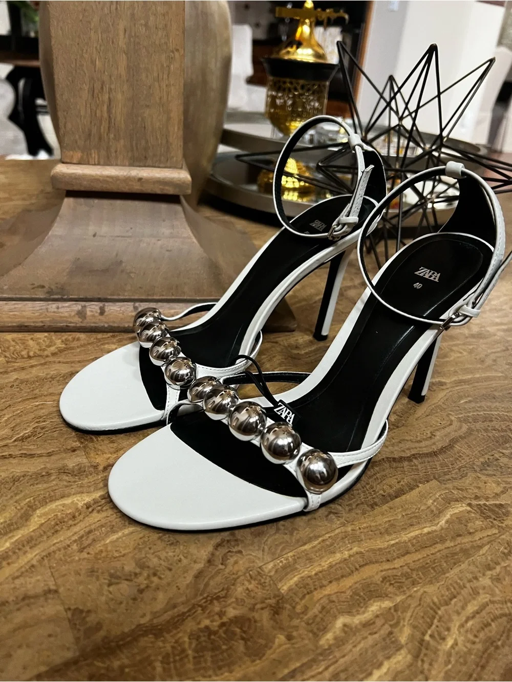 Zara White Open-Toe High Heel Sandals with Silver Bead Detail - Picture 3 of 5